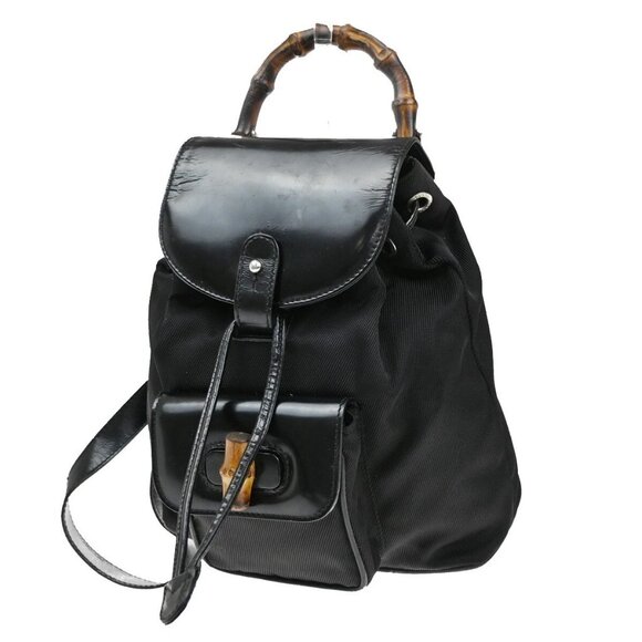 GUCCI Logo Bamboo Backpack Bag Leather Nylon Black Italy - Picture 1 of 16